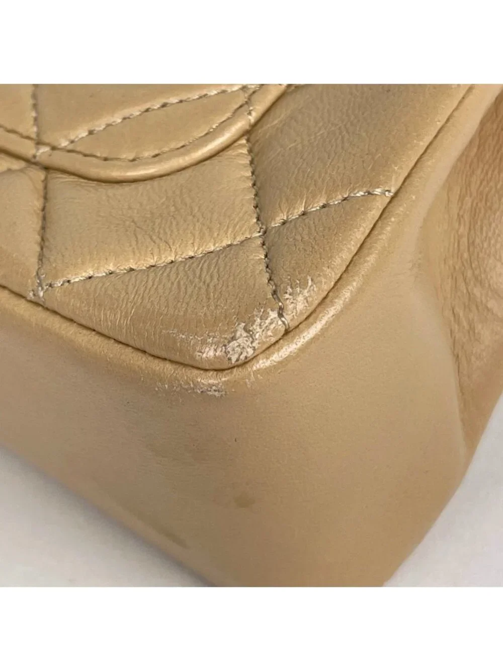 Chanel CC Logo Chain Shoulder Bag Quilted Leather Beige